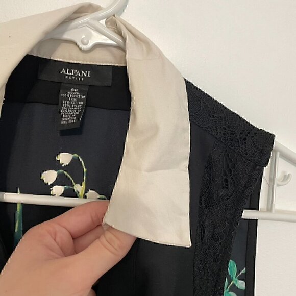 ALFANI PETITE Black Green Floral White? Collar Lace Sleeveless Button Blouse Top - Picture 7 of 16